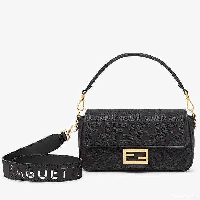 Affordable In Laser Cut Black FF Bag with Fendi Baguette Strap Canvas Medium Motif 0805